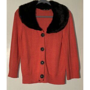 Nic + Zoe Long Sleeve Fur Collar Cardigan M Large Buttons Melon Long Sleeve